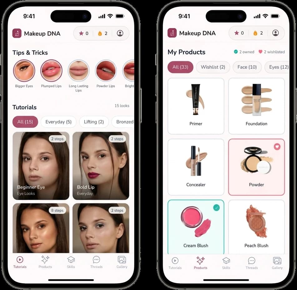 Makeup DNA app: AI face-shape analysis and personalized makeup looks shown on two phones
