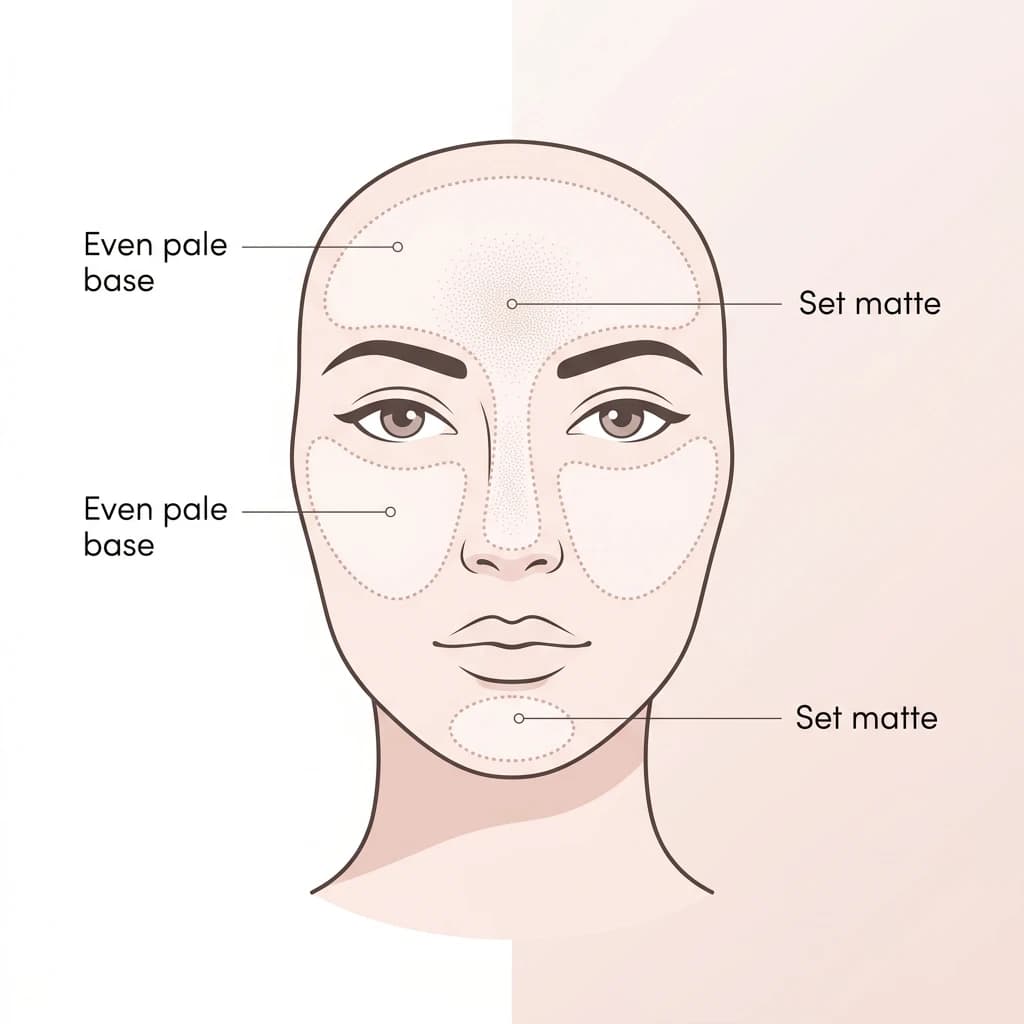 1920s base placement diagram: even, cool-toned coverage across the whole face set to a flat matte porcelain finish, with no bronzer or warmth.