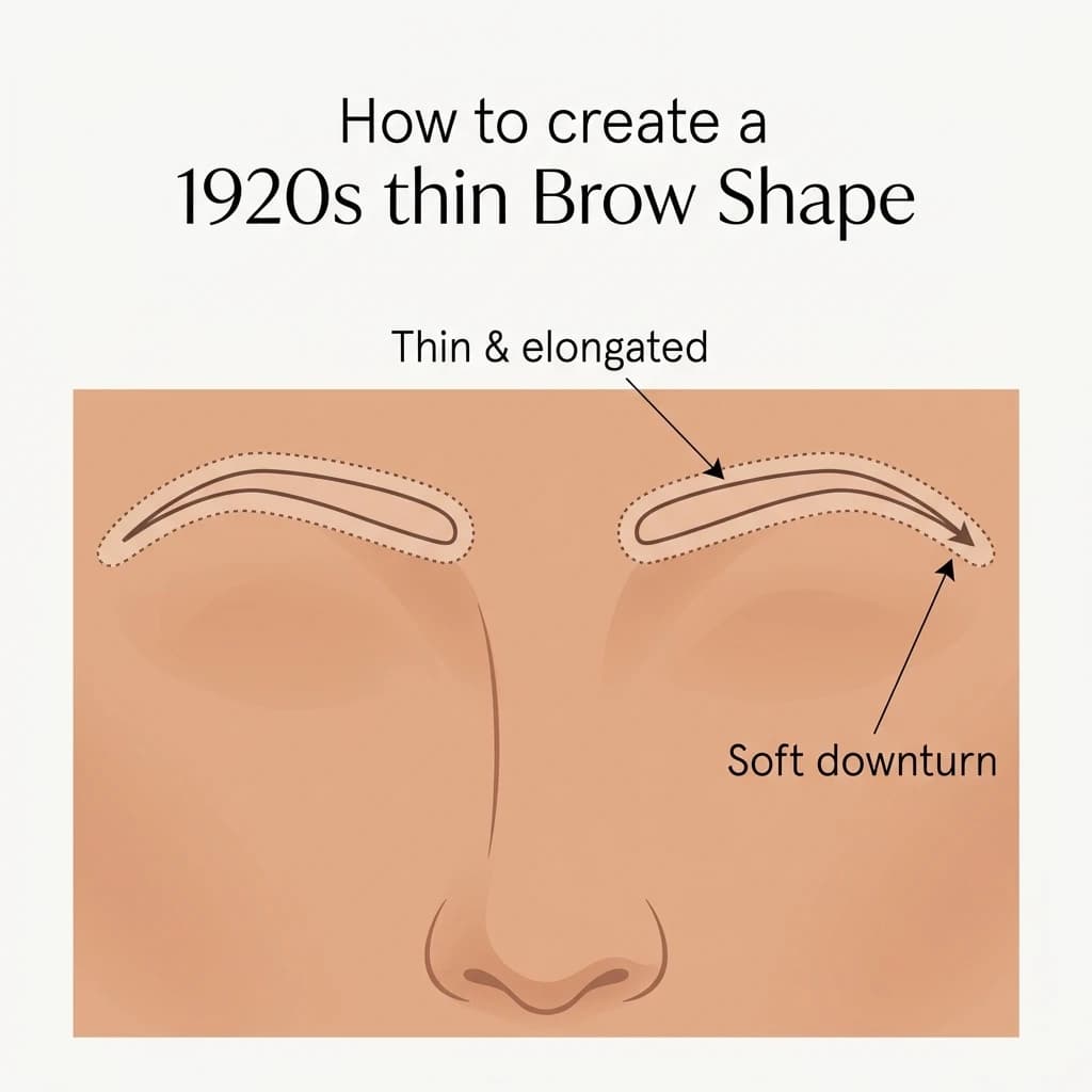 1920s brow diagram: a thin, elongated brow drawn in a gentle downward curve that extends slightly past the natural tail.