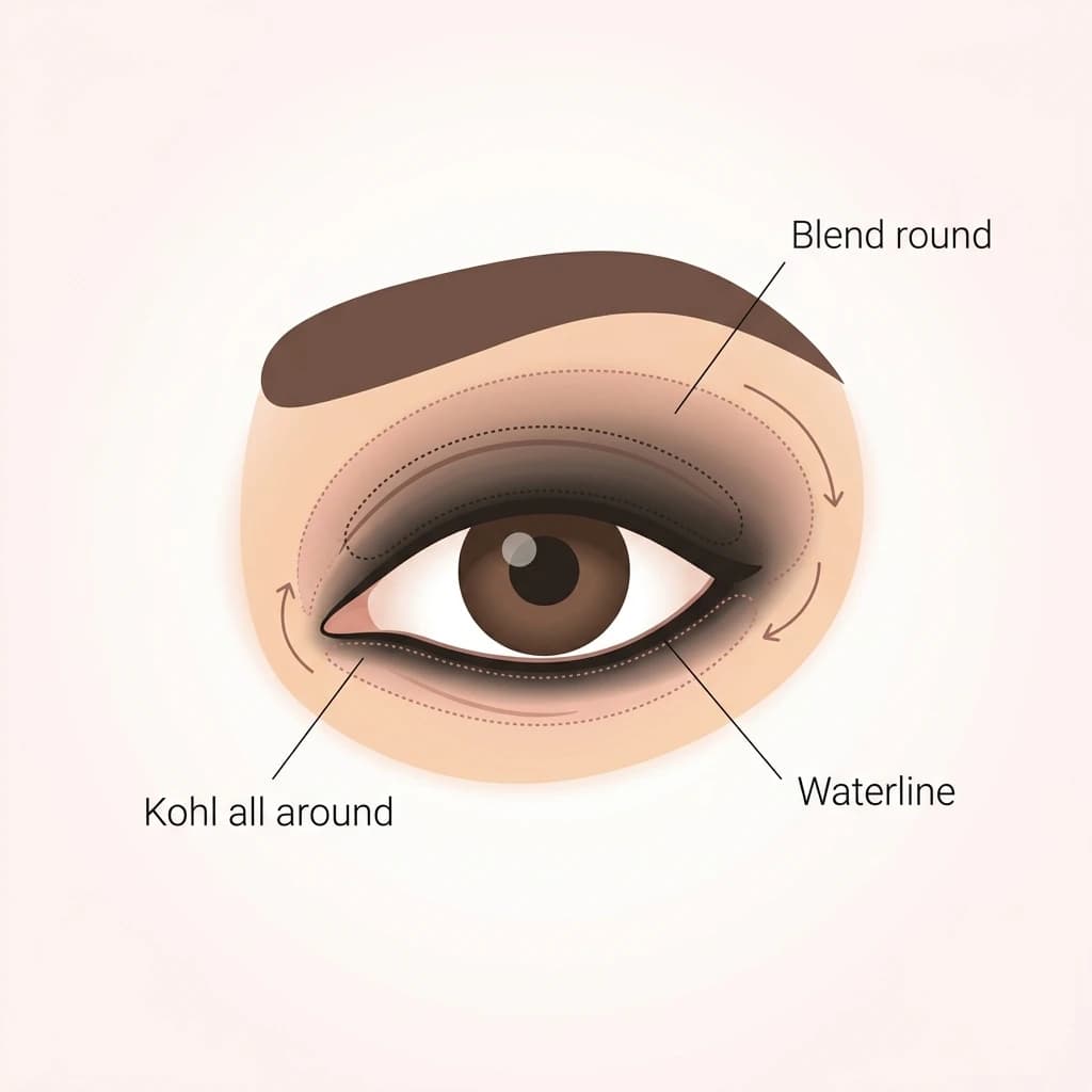 1920s eye diagram: dark kohl smudged around the entire eye (upper and lower lash lines plus the waterline), blended up into a soft round halo, not a wing.