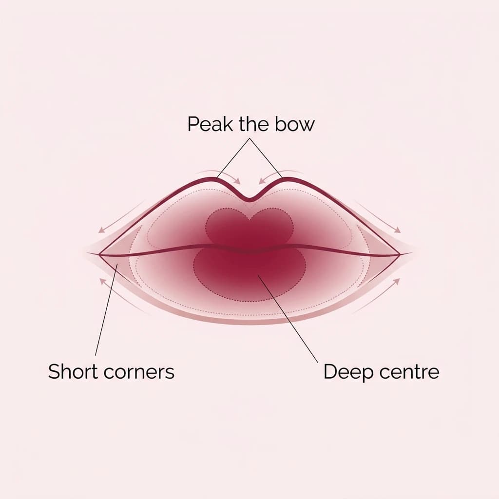 1920s lip diagram: a small, exaggerated heart-shaped Cupid's bow drawn inside the natural lip corners, with deep color concentrated in the center.