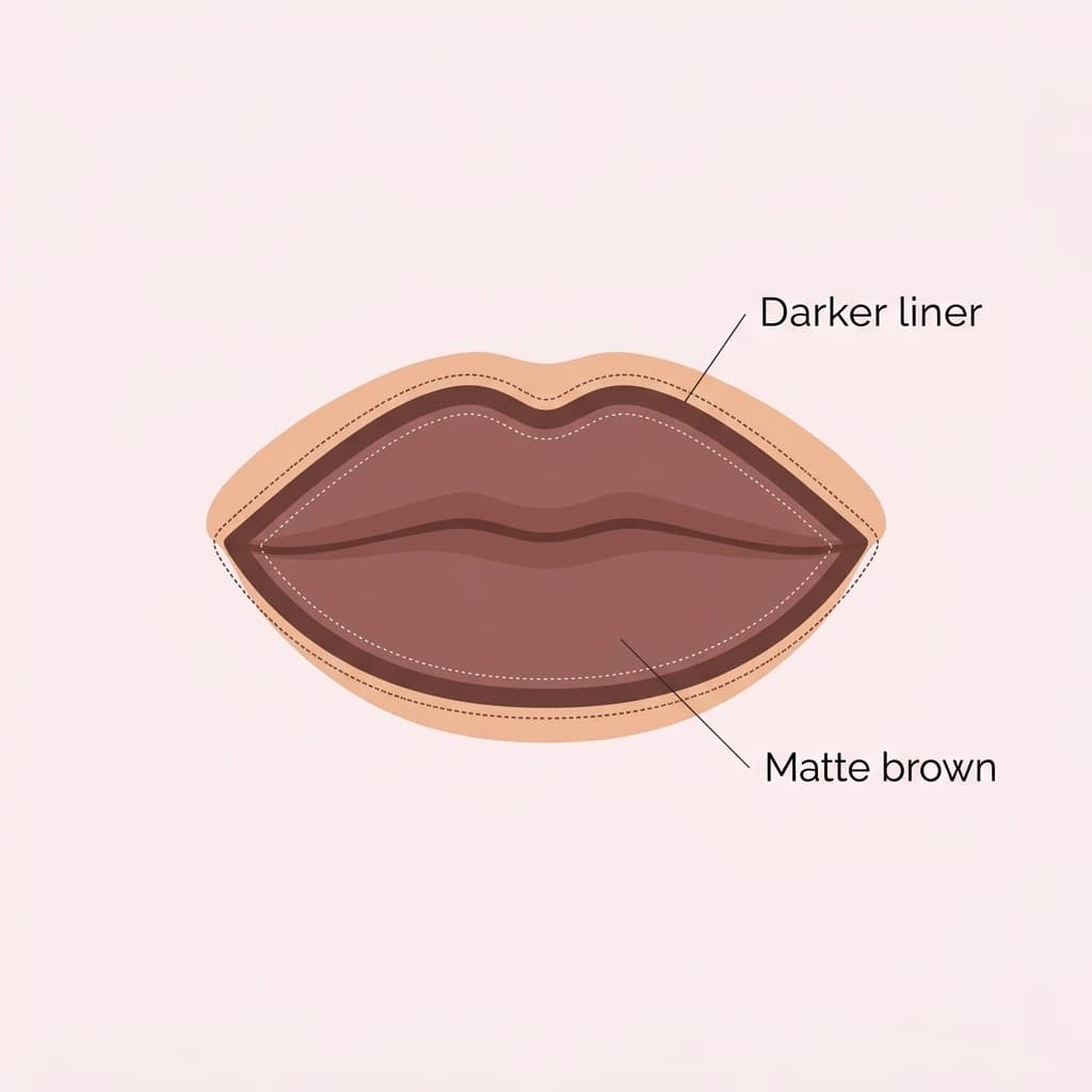 90s lip diagram: a brown lip liner traced to the natural edge, filled with a matte brown lipstick a shade lighter than the liner.
