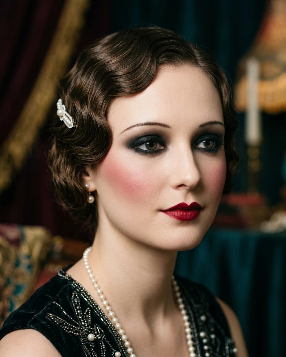 A woman wearing an authentic 1920s flapper makeup look: porcelain matte skin, dark kohl-rimmed smoky eyes, thin brows and a deep-red Cupid's-bow lip.