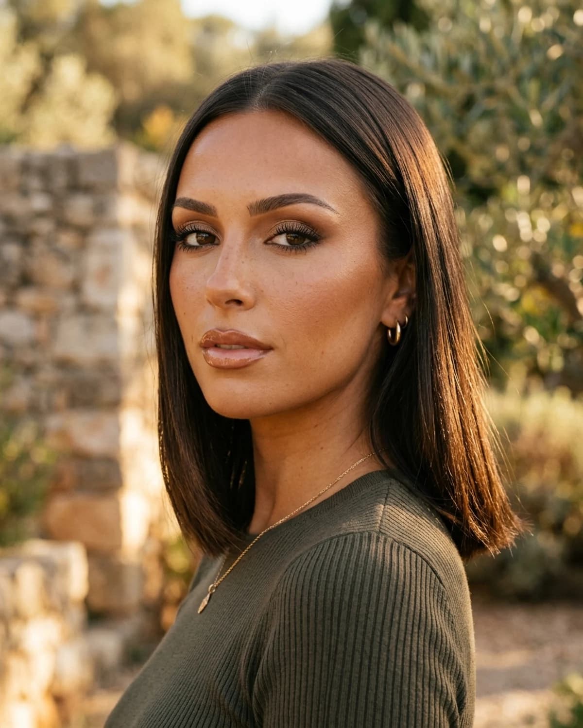 A woman wearing a mid-2000s makeup look: warm bronzed skin, thin brows, soft brown smoky eyes and glossy nude lips.
