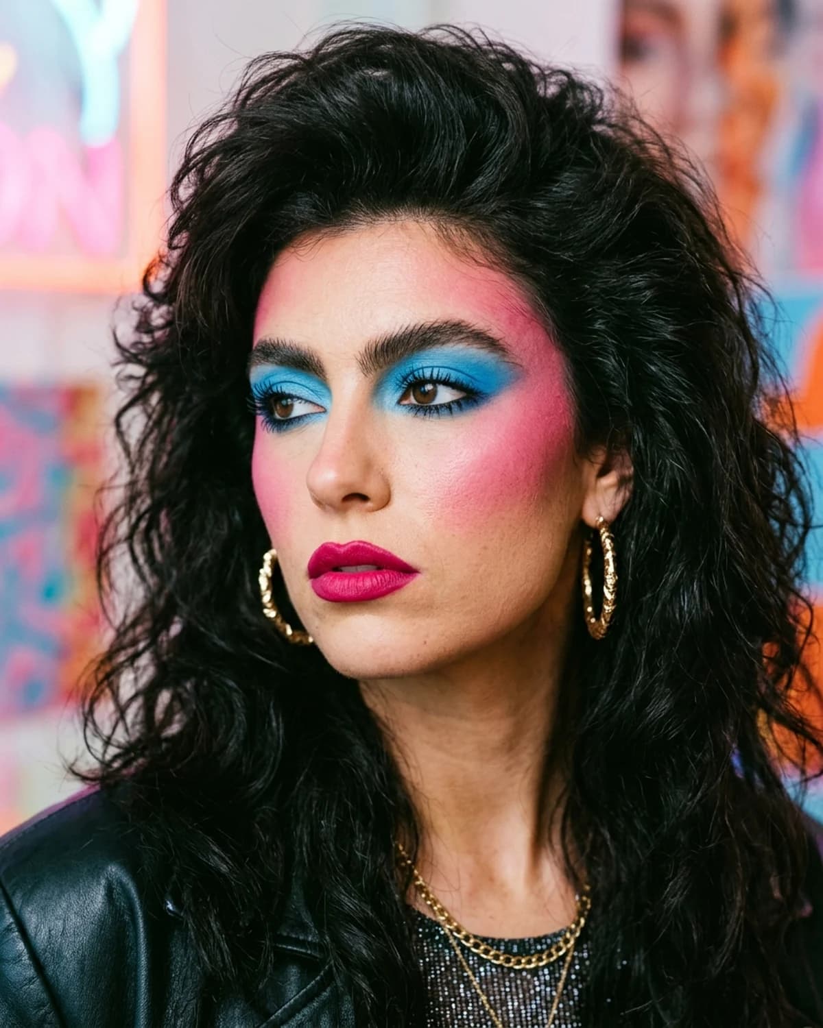 A woman wearing a bold 1980s makeup look: bright blue eyeshadow up to the brow, full brows, bright pink blush and a bold fuchsia lip.