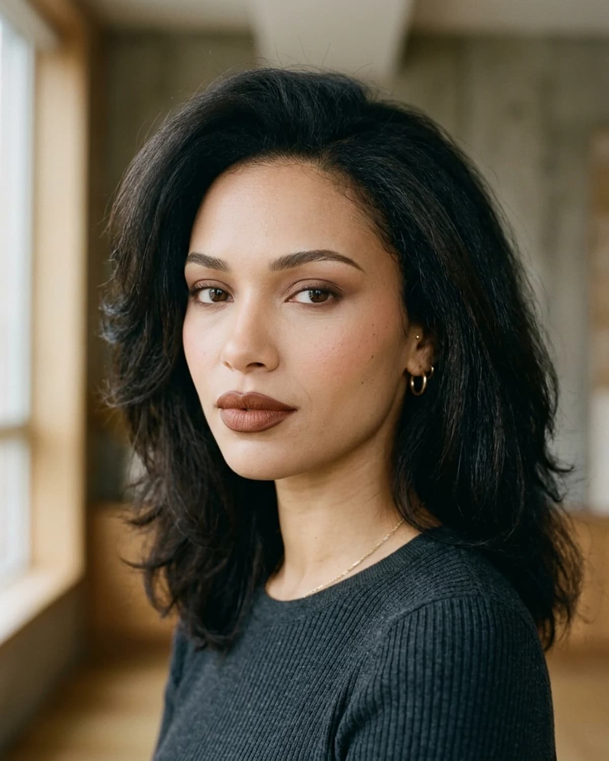 A woman wearing a 1990s makeup look: matte neutral skin, thin brows, soft brown eyeshadow and a matte brown lip with brown liner.