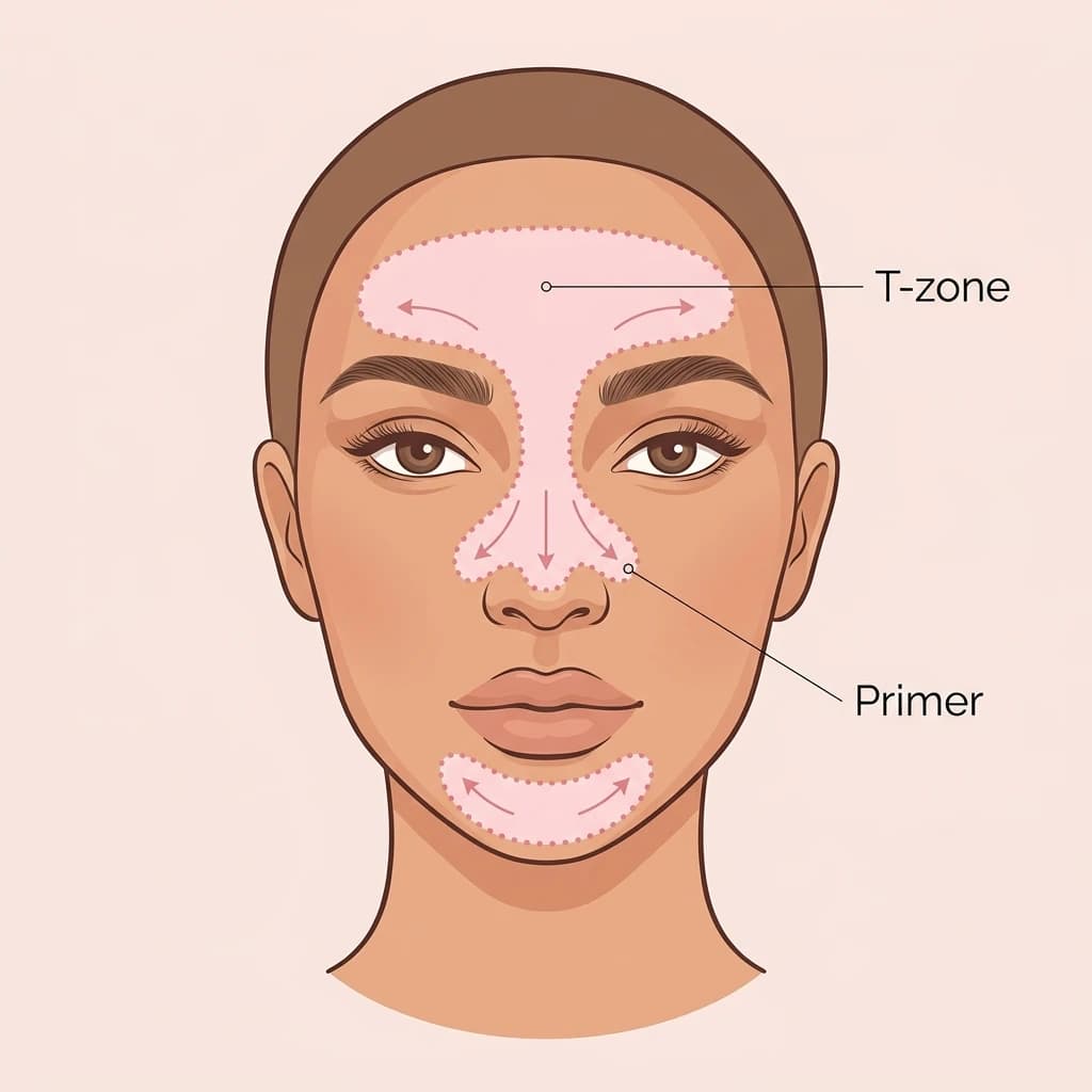 Base prep diagram: an even base set with powder across the T-zone for a smooth canvas.