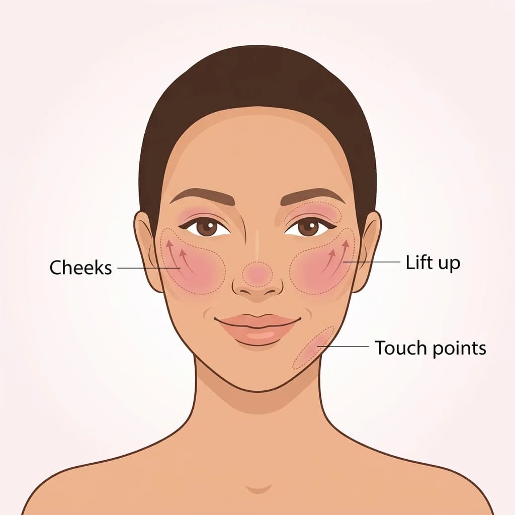 Blush diagram: blush placed high on the cheekbones and swept up toward the temples.
