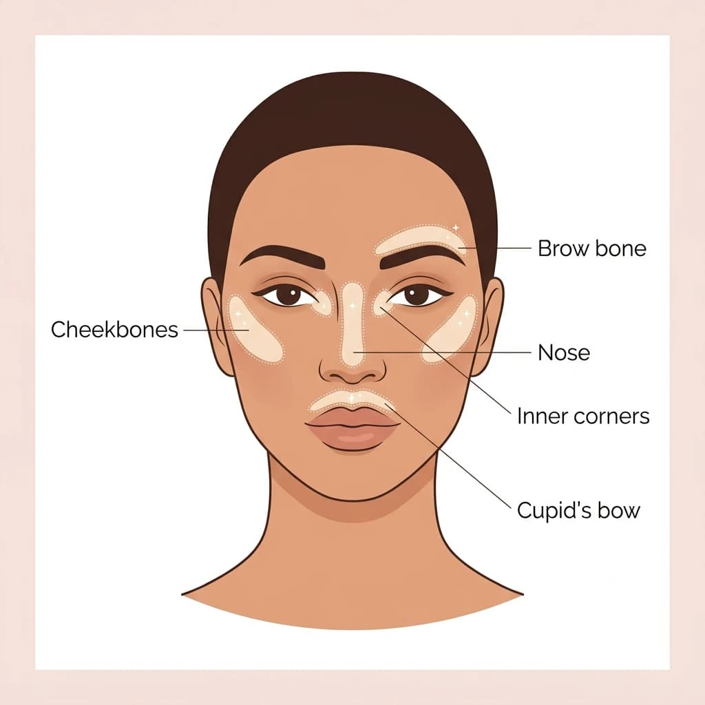 Highlighter diagram: shimmer on the tops of the cheekbones, brow bone, nose and cupid's bow.