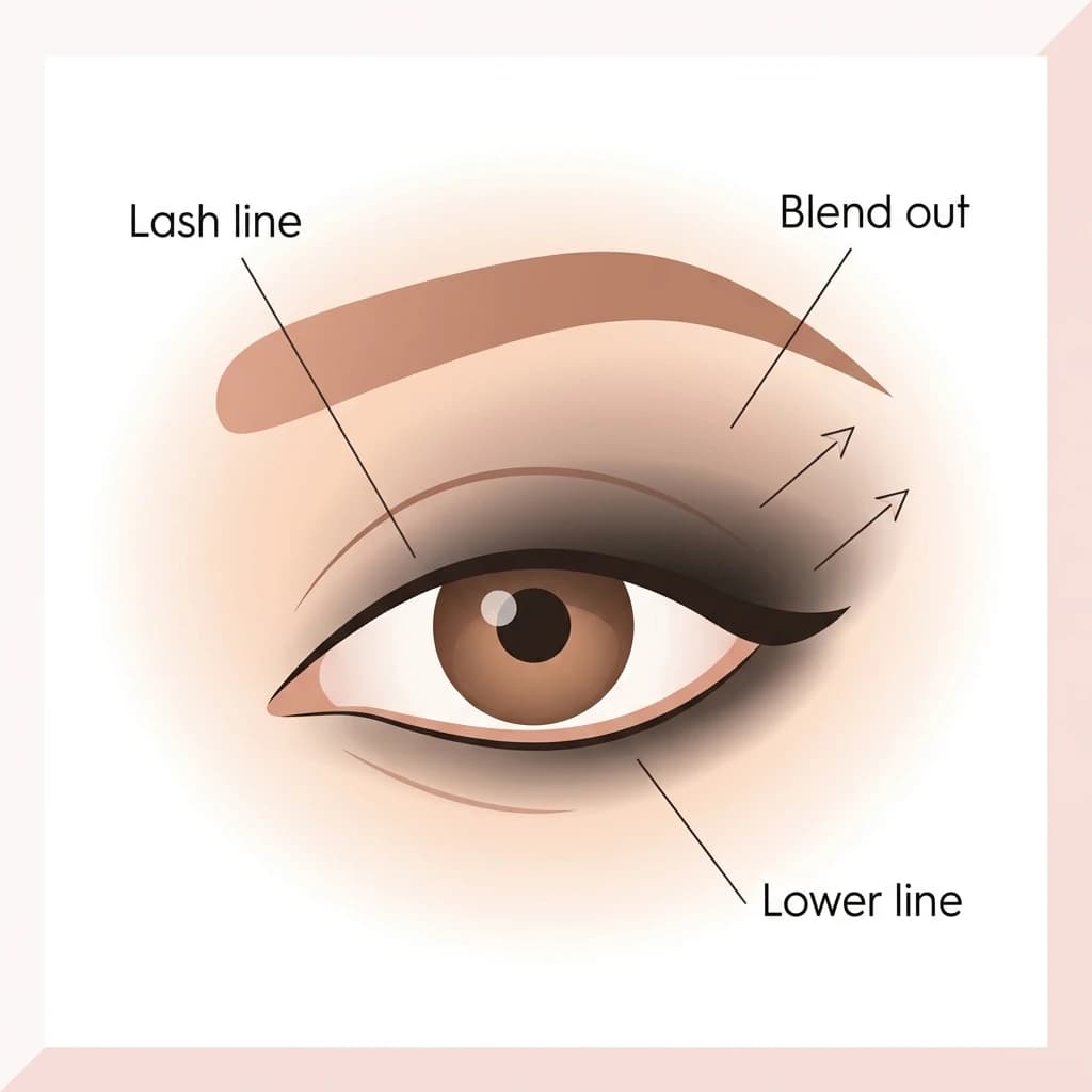 Soft smoky eye diagram: a soft brown shadow blended over the lid and smudged along the lash line.