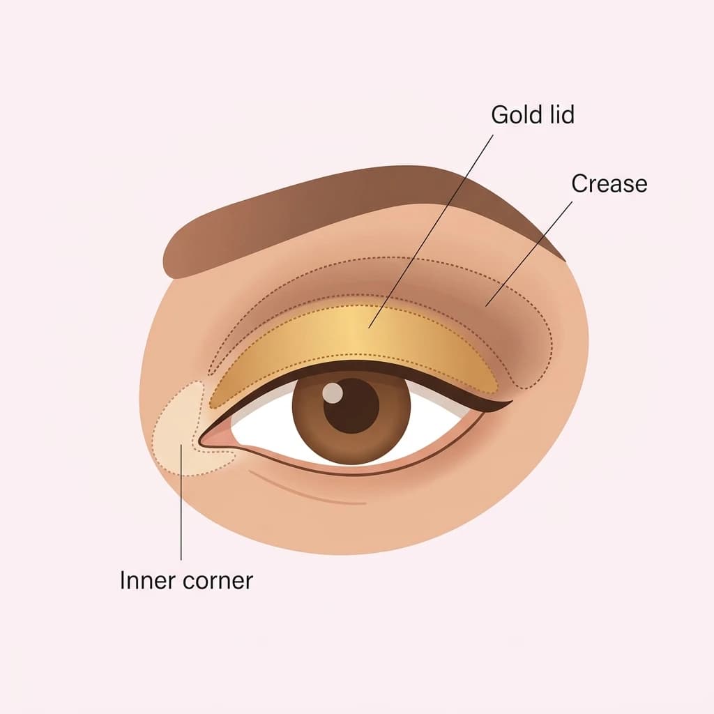 Golden eyeshadow diagram: warm gold shimmer across the lid, a soft brown in the crease, and a highlight in the inner corner.