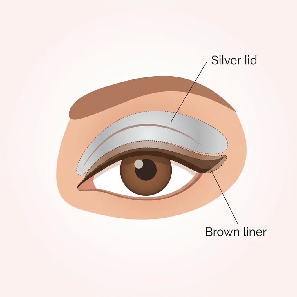 Frosted eye diagram: a cool silver shimmer patted across the lid with a soft liner along the lash line.