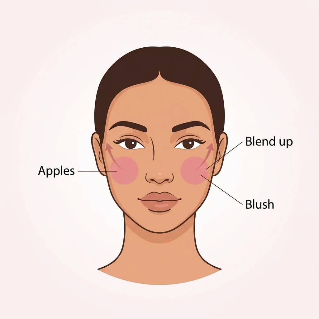 Blush placement diagram: a warm bronze blush on the apples of the cheeks blended upward.