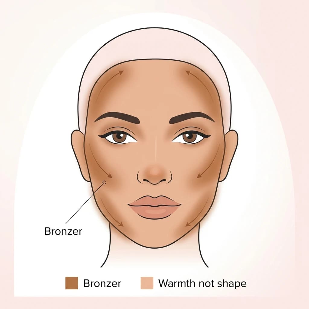 Bronzer diagram: a warm bronzer washed over the cheeks, forehead and jaw for a tanned, sun-kissed finish.