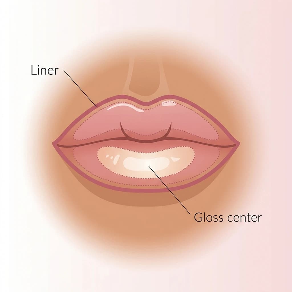 Glossy lip diagram: a nude lip color topped with a high-shine gloss in the center.